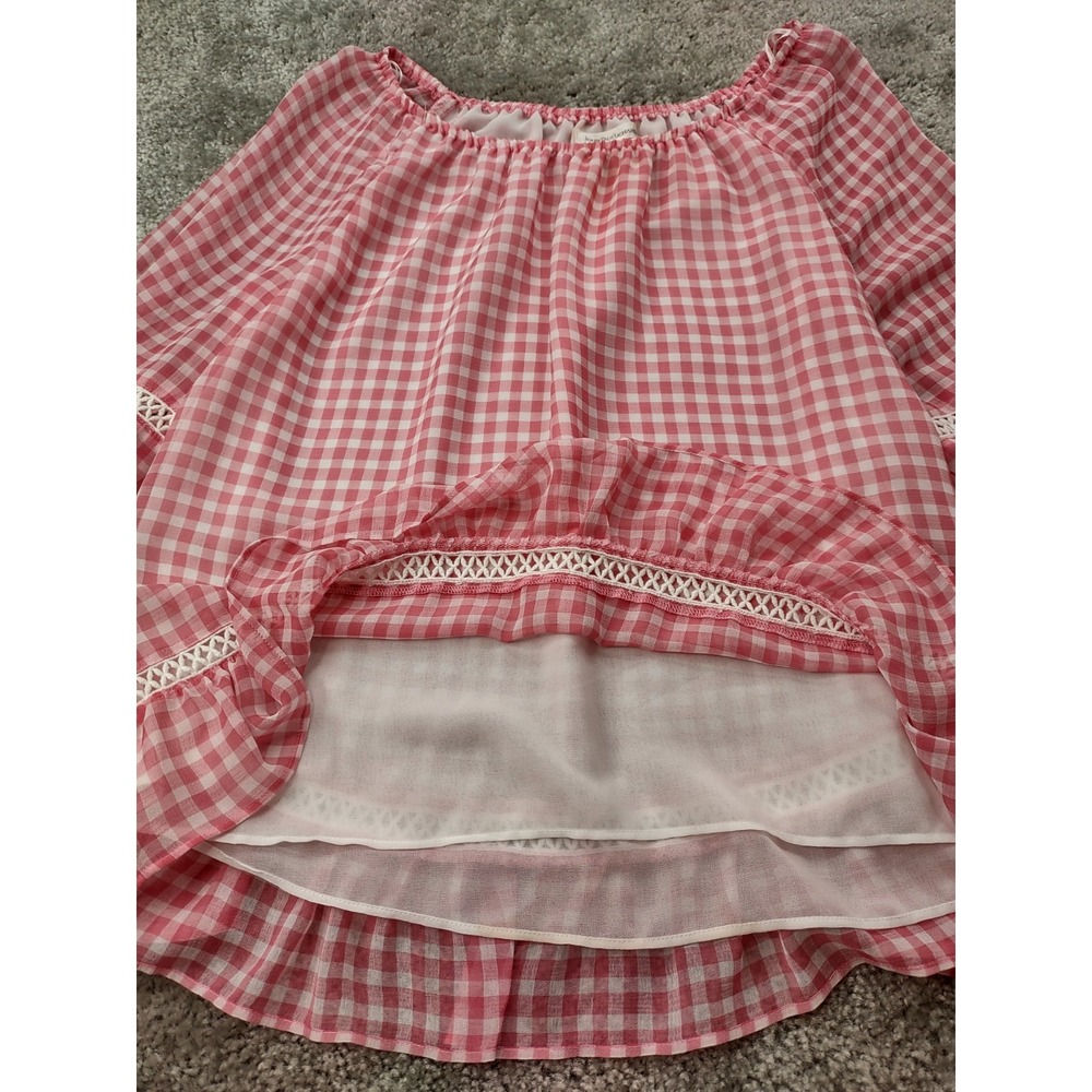 JOHN PAUL RICHARD WOMENS PINK PLAID LAYERD BELL SLEEVE RUFFLE BOTTOM TOP MEDIUM - Picture 4 of 10